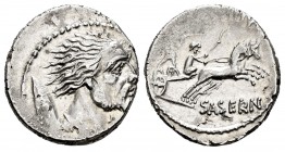 Hostilius. Denario. 48 a.C. Rome. (Ffc-754). (Craw-448/2a). (Cal-622). Anv.: Cabeza de Vercingetorix a derecha, detrás escudo galo. Rev.: Guerrero con...