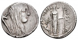 Hostilius. Denario. 48 a.C. Rome. (Ffc-756). (Craw-448/3). (Cal-624). Anv.: Cabeza de Galia a derecha, detrás carnyx. Rev.: Diana de Efeso de pié, de ...