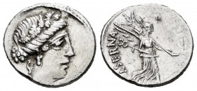 Hostilius. Denario. 48 a.C. Rome. (Ffc-757). (Craw-448/1a). (Cal-625). Anv.: Cabeza diademada y laureada de Venus a derecha. Rev.: Victoria caminando ...