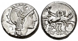 Mallius. Denario. 111-110 a.C. Rome. (Ffc-834). (Craw-299/1b). (Cal-919). Anv.: Cabeza de Roma a derecha, detrás objeto triangular. Rev.: Victoria en ...