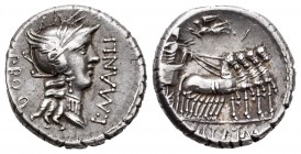 Manlius. Denario. 82 a.C. Acuñación oriental. (Ffc-839). (Craw-367/5). (Cal-924). Anv.:  Cabeza de Roma a derecha, delante L MANLI, detrás PRO Q. Rev....