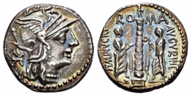 Minucius. Denario. 134 a.C. Rome. (Ffc-925). (Craw-243.1). (Cal-1026). Anv.: Cabeza de Roma a derecha, detrás X. Rev.: Columna surmontada por estatua,...