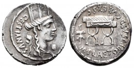 Plaetorius. Denario. 67 a.C. Rome. (Ffc-978). (Craw-409/2). (Cal-1110). Anv.: Cabeza de Cibeles con corona Mural a derecha, con globo delante y detrás...