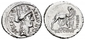 Plautius. Denario. 55 a.C. Rome. (Ffc-1002). (Craw-431/1). (Cal-1130). Anv.: Cabeza con corona mural, de Cibeles a derecha, alrededor  A PLAVTIVS AED ...