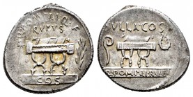 Pompeius. Denario. 54 a.C. Rome. (Ffc-1025). (Craw-434/2). (Cal-1152). Anv.: Silla curul entre flecha y rama de laurel, encima Q POMPEI Q F RVFVS, deb...