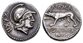Satrienus. Denario. 77 a.C. Rome. (Ffc-1097). (Cal-1243). Anv.: Cabeza de Marte a derecha, detrás XXXII. Rev.: Loba a izquierda, encima ROMA, en exerg...