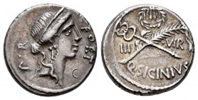 Sicinius. Denario. 49 a.C. Rome. (Ffc-1130). (Craw-440/1). (Cal-1285). Anv.: Cabeza diademada de la Fortuna a derecha, delante FORT, detrás P R. Rev.:...