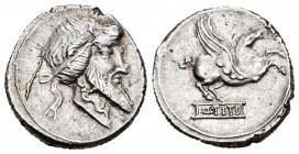 Titius. Denario. 90 a.C. Central Italy. (Ffc-1142). (Craw-341/1). (Cal-1301). Anv.: Cabeza del dios Mitinus Titinus a derecha. Rev.: Pegaso a derecha,...