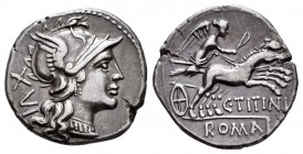 Titinius. Denario. 141 a.C. Rome. (Ffc-1144). (Craw-226/1). (Cal-1303). Anv.: Cabeza de Roma a derecha, detrás XVI. Rev.: Victoria con látigo en biga ...