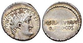 Marcus Antonius. M. Junius Silanus. Denario. 33 a.C. Mint moving. Porbablemente Atenas. (Ffc-69). (Craw-542/1). Anv.: (ANTO)N AVG IMP III COS DES III ...