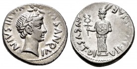 Augustus. M. Sanquinius. Denario. 17 a.C.. (Ffc-4, como Julio César). (Ric-340). (Ch-6). Anv.: M SANQVINIVS III VIR. Cabeza laureada de Augusto a dere...