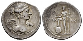 Augustus. Denario. 32-29 a.C. Uncertain mint. Roma?. (Ffc-44). (Ric-256). (Ch-60). Anv.: Busto alado de Victoria a derecha. Rev.: CAESAR DIVI F. Neptu...