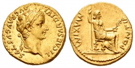 Tiberius. Aureo. 14-17 d.C. Lugdunum. (Spink-1760). (Ric-29). (Cal-305). Anv.: TI CAESAR DIVI AVG F AVGVSTVS. Busto laureado a derecha. Rev.: PONTIF M...
