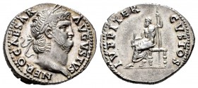 Nero. Denario. 64-65 a.C. Rome. (Spink-1943). (Ric-53). Anv.: NERO CAESAR AVGVSTVS. Busto laureado a derecha. Rev.: IVPPITER CVSTOS. Júpiter sentado a...
