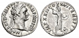 Domitian. Denario. 90-91 a.C. Rome. (Spink-2735). Anv.: IMP CAES DOMIT AVG GERM PM TRP X. Busto laureado de Domiciano a derecha. Rev.: IMP XXII COS XV...