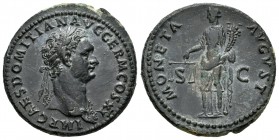 Domitian. As. 90-91 d.C. Rome. (Spink-2807). (Ric-395). Rev.: MONETA AVGVSTI SC. Moneta en pie a izquierda con cuerno de la abundancia y balanza. Ae. ...