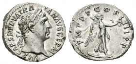 Trajan. Denario. 102 d.C. Rome. (Spink-3145). (Ric-66). Rev.: P M TR P COS IIII PP. Victoria en marcha a derecha con palma y corona. Ag. 3,65 g.  Shar...