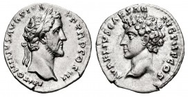 Antoninus Pius and Marcus Aurelius. Denario. 142-144 d.C. Rome. (Spink-4523 variante). (Ric-415d). Anv.: ANTONINVS AVG PIVS P P TR P COS III. Busto la...