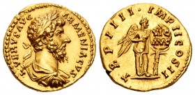 Lucius Verus. Áureo. 164 d.C. Rome. (RIC M. Aurelius-525). (Cal 2008-2177, mismos cuños). (Ch-247 variante). Anv.: L VERVS AVG ARMENIACVS. Busto drape...