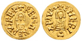 Recaredo I (586-601). Tremissis. Emerita (Mérida). (Cnv-106.2). (Pliego-116). Anv.: +RECCAREPVSREX+. Rev.: +EMERI|T|APIVS. Au. 1,54 g. Well-centered s...