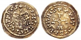 Egica and Witiza (698-702). Tremissis. Toleto (Toledo). (Cnv-571.23). Anv.:  Bustos enfrentados de los reyes sosteniendo cruz sobre vástago, alrededor...