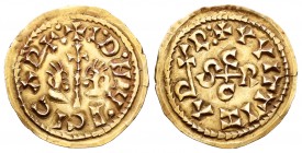 Egica and Witiza (698-702). Tremissis. Caesar Augusta. (Cnv-587.13). (Pliego-718o). Anv.: + I·D·N·M· EGICA RX:. Bustos de los reyes enfrentados y entr...