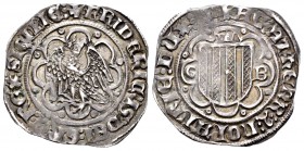 The Crown of Aragon. Federico IV. Pirral. Sicilia. (Cru G-2600). Ag. 3,22 g. Obv.: Crowned eagle right around lobed frame. Rev.: Coat of arms between ...