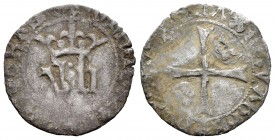 Kingdom of Navarre. Juan y Blanca (1425-1441). 1/2 blanca. (Cru-255 variante). Ve. 0,86 g. Obv.: Gothic letters “IB“ crowned. Rev.: Inside cross with ...