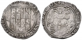 Catholic Kings (1474-1504). 4 reales. Sevilla. d cuadrada. (Cal 2008-219). Ag. 13,59 g. “Square d” assayer on reverse. Value “IIII” to the left of the...