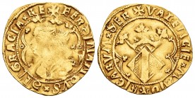 Ferdinand II (1479-1516). Doble ducado. Valencia. (Cal 2008-16). (Tauler-395 variante). Anv.: +FERDINANDVSxDEI GRACIAxRE. Las letras D son G invertida...