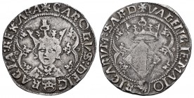 Charles I (1516-1556). 2 reales. Valencia. (Cal 2008-35). Anv.: Escudete con corona en leyenda. Rev.: Escudete con león en leyenda. Ag. 5,03 g. Escutc...