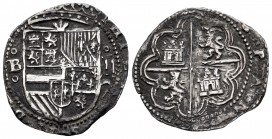 Philip II (1556-1598). 2 reales. Burgos. (Cal 2008-454 variante). (Cal 2019-307 variante). Ag. 6,05 g. Mint mark “B” between annulets on the left. Ann...