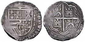 Philip II (1556-1598). 4 reales. Cuenca. A. (Cal 2008-287). Ag. 13,41 g. Arms flanked between value (IIII) on the left; star over cup, and cross over ...