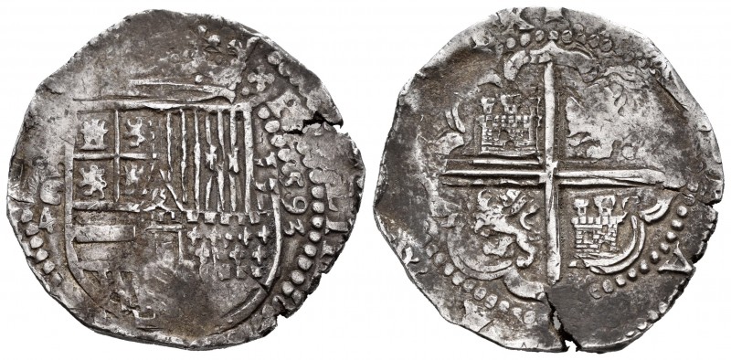 Philip II (1556-1598). 4 reales. 1593. Toledo. C. (Cal 2008-422). Ag. 13,72 g. V...