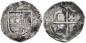 Philip II (1556-1598). 8 reales. 1598. Sevilla. B. (Cal 2008-167). Ag. 23,98 g. OMNIVM type and unusual full date on reverse. Very rare. Almost VF. Es...