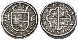 Philip III (1598-1621). 2 reales. 1621/1611. Segovia. A/C. (Cal 2008-369 variante). (Cy-4700). Ag. 6,71 g. Clear overdate and over assayer. Almost XF....