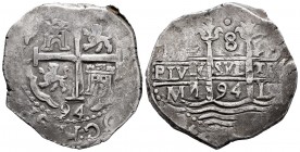 Charles II (1665-1700). 8 reales. 1694. Lima. M. (Cal 2008-238). Ag. 26,99 g. Three dates, one of them partial. Scarce. VF. Est...400,00.