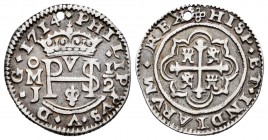 Philip V (1700-1746). 1/2 real. 1714. México. J. (Cal 2008-no cita). (Cal 2019-no cita). (Km). Ag. 1,78 g. Royal type. Holed. The best of only two spe...