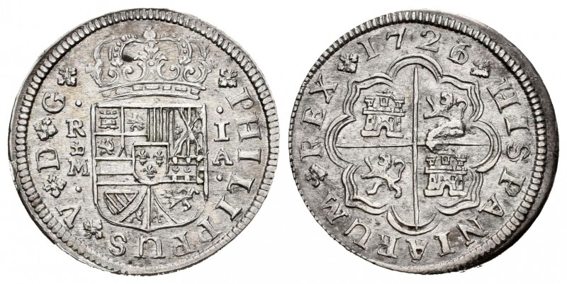 Philip V (1700-1746). 1 real. 1726/1. Madrid. A. (Cal 2008-1531). Ag. 2,78 g. Cl...