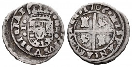 Philip V (1700-1746). 1 real. 1706. Sevilla. P. (Cal 2008-Tipo 274,no cita este año). (Cal 2019-no cita). (Cy). Ag. 2,73 g. Unlisted by Calicó 2008 an...