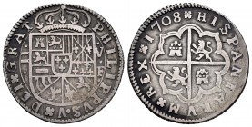 Philip V (1700-1746). 2 reales. 1708. Valencia. F. (Cal 2008-1443). Ag. 5,33 g. Minor planchet defect on edge. Rare. Almost VF. Est...150,00.
