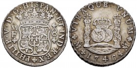Philip V (1700-1746). 8 reales. 1746. México. MF. (Cal 2008-800). Ag. 26,98 g.  Toned. Choice VF. Est...270,00.