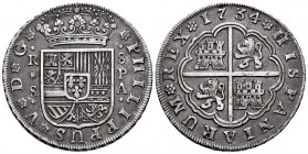 Philip V (1700-1746). 8 reales. 1734. Sevilla. PA. (Cal 2008-946). Ag. 26,70 g. Toned. Scarce. Choice VF. Est...600,00.