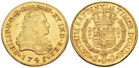 Philip V (1700-1746). 8 escudos. 1745. México. MF. (Cal 2008-141). (Cal onza-443). Au. 26,98 g. Minor marks, otherwise toned with some luster remainin...
