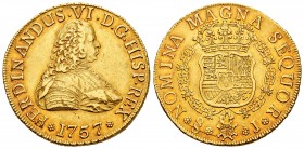 Ferdinand VI (1746-1759). 8 escudos. 1757. Santiago. J. (Cal 2008-80). (Cal onza-652). Au. 26,98 g. Beautiful color. Rare. Almost XF. Est...2200,00.
