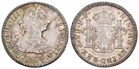 Charles III (1759-1788). 2 reales. 1784. México. FF. (Cal 2008-1351 variante). (Cy-11639). Ag. 6,69 g. Legend “GRTIA” instead of “GRATIA”. Minor hairl...