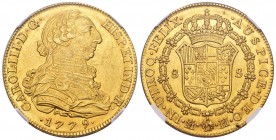 Charles III (1759-1788). 8 escudos. 1779. Madrid. PJ. (Cal 2008-60c). (Cal onza-731). Au. It retains some luster. Slabbed by NGC as MS 61. Very rare i...