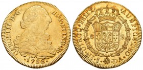 Charles III (1759-1788). 8 escudos. 1786. Santiago. DA. (Cal 2008-246). (Cal onza-947). Au. 26,98 g. Big planchet with reddish tone patina. Minor hair...