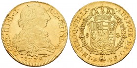 Charles III (1759-1788). 8 escudos. 1779. Popayán. SF. (Cal 2008-132). (Cal onza-812). Au. 27,03 g. Without dot between assayers. Two hairlines on obv...
