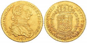 Charles III (1759-1788). 8 escudos. 1767. Santa Fe de Nuevo Reino. JV. (Cal 2008-166). (Cal onza-855). (Restrepo-71-10). Au. 27,00 g. “Rat nose” type....